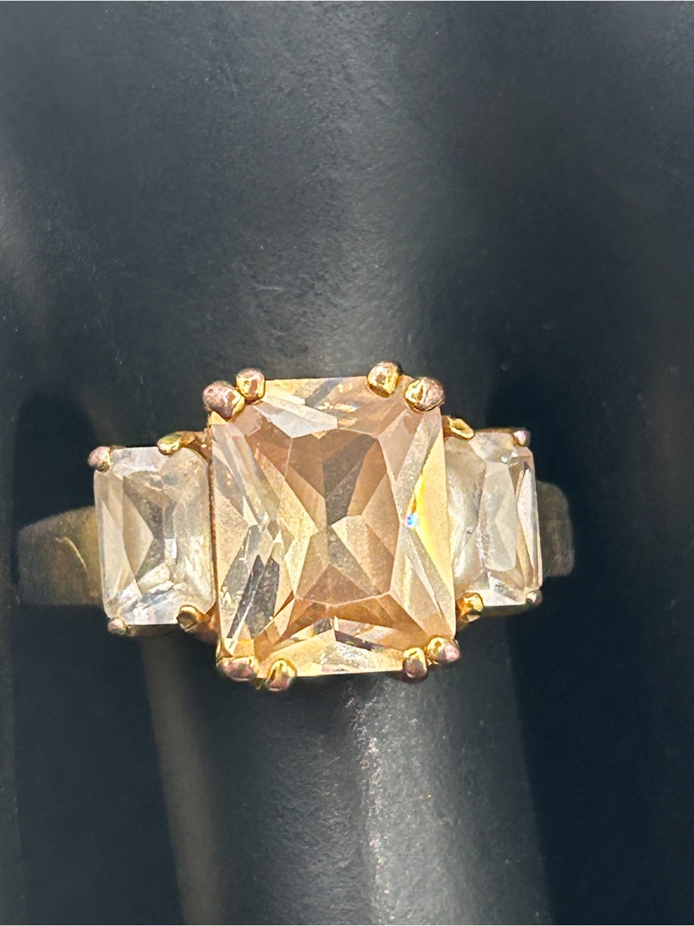 Three Stone Radiant Cut Champagne/Amber/ Yellow Glass Crystal Ring Size 7